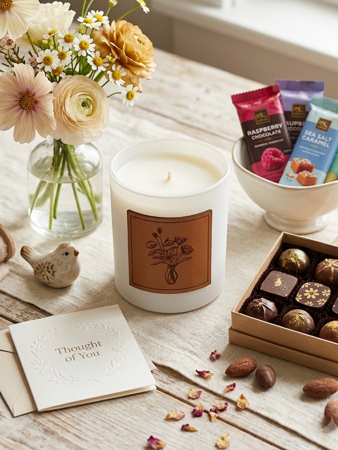 Candle, flowers, chocolates, and cards on a wooden table
